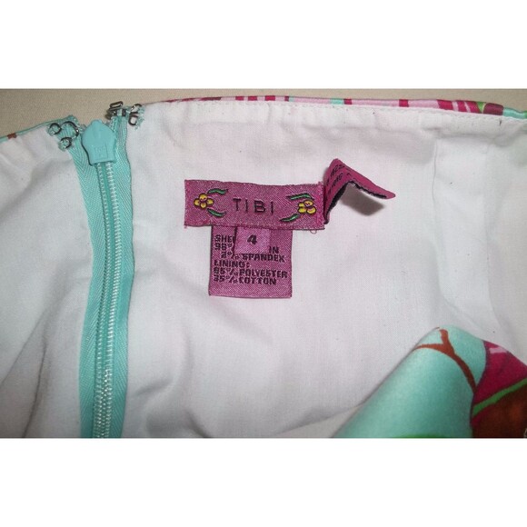 TIBI Strapless Cotton/Spandex Lining Dress Size 4 Pink Green Aqua Tropical Tree - Picture 5 of 5